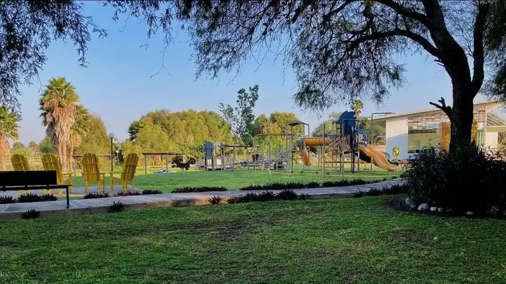 Green garden and outdoor leisure area at Hotel Los Lirios